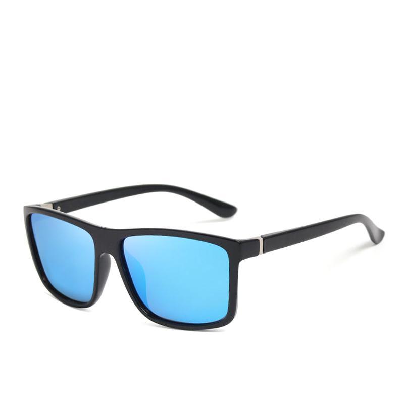 Black sunglasses with blue lenses on a white background
