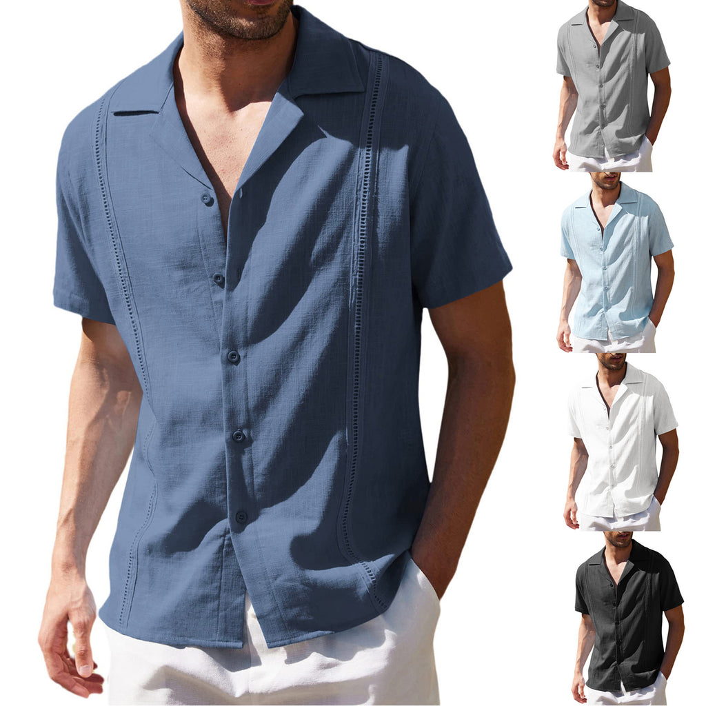 Man wearing a blue short-sleeve shirt with additional images of the shirt in different colors on a white background.