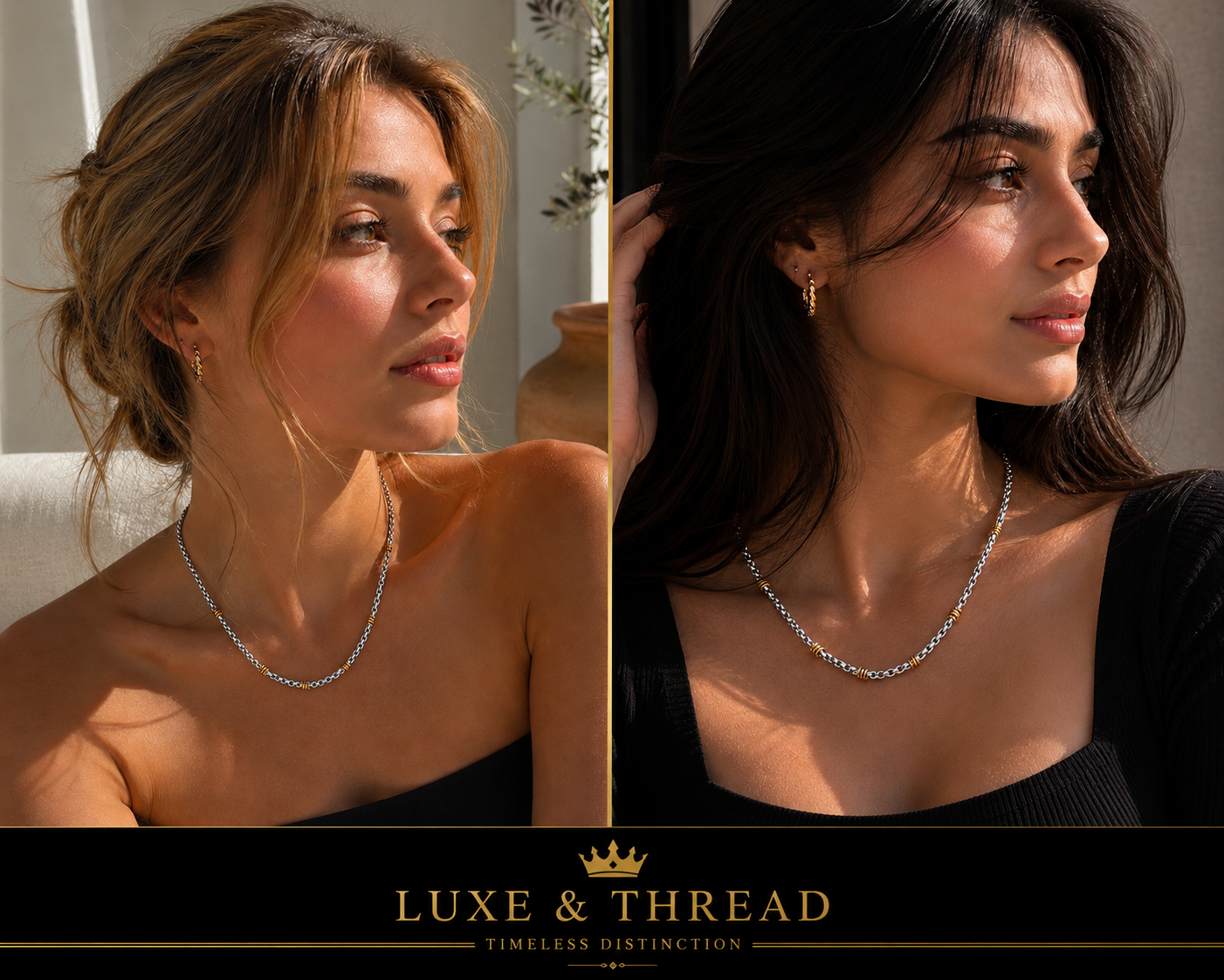 Two women wearing necklaces with Luxe & Thread branding.