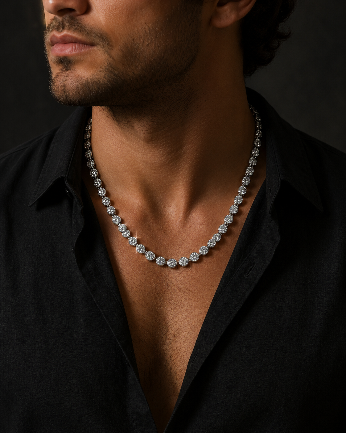 Man wearing a cz necklace against a dark background