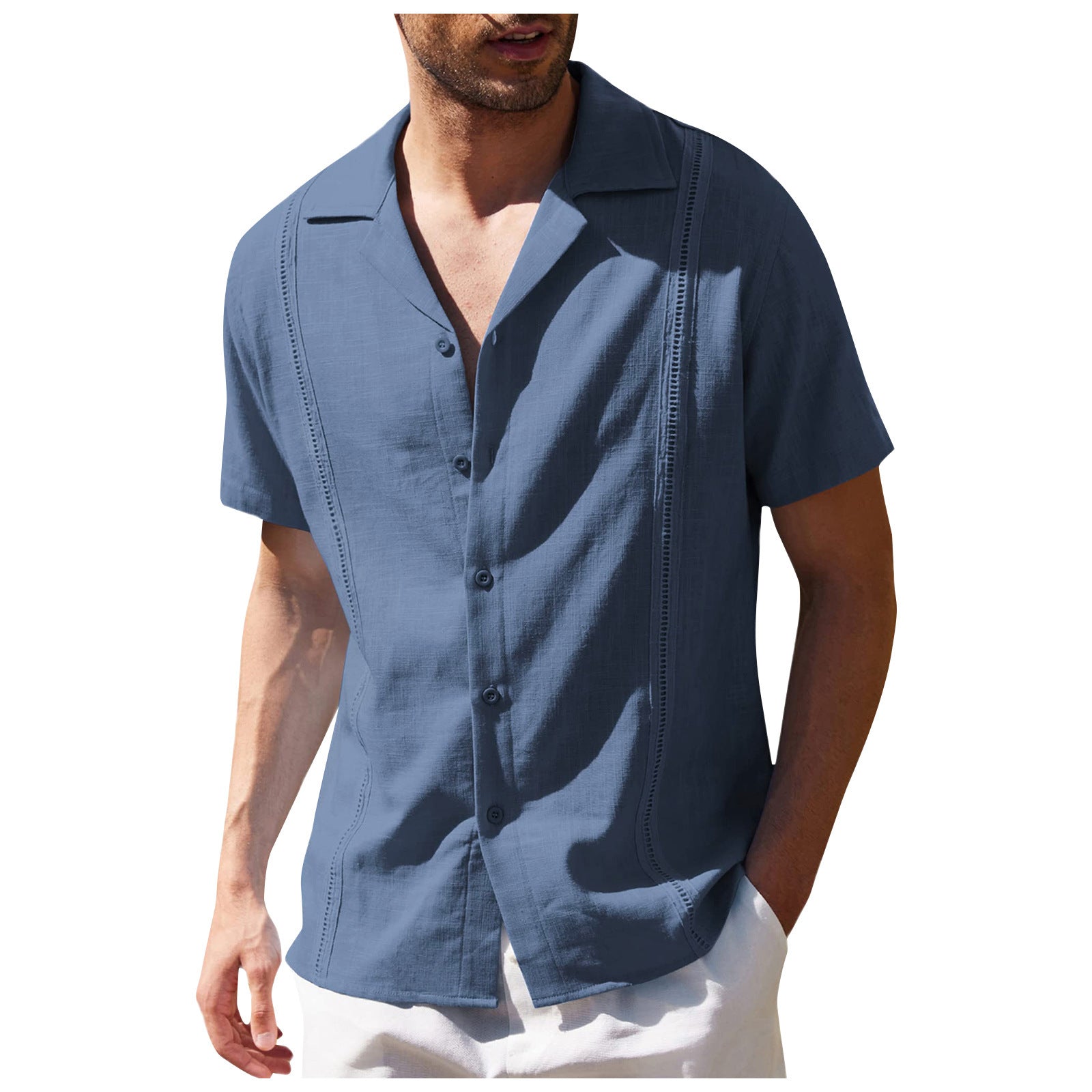 Man wearing a blue short-sleeve shirt on a white background