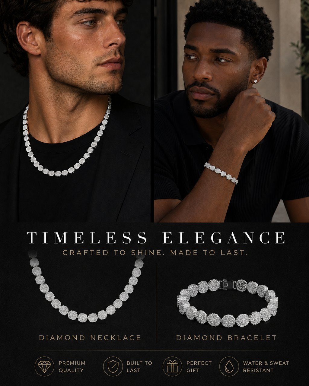 Two men wearing diamond necklaces and bracelets with 'Luxe & Thread' text and product details.
