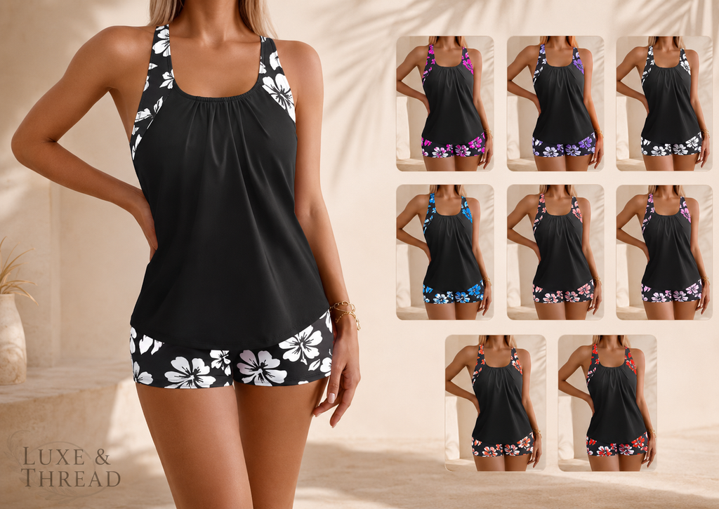 Black tank top with floral patterns worn by a model, with inset images showing different floral designs.