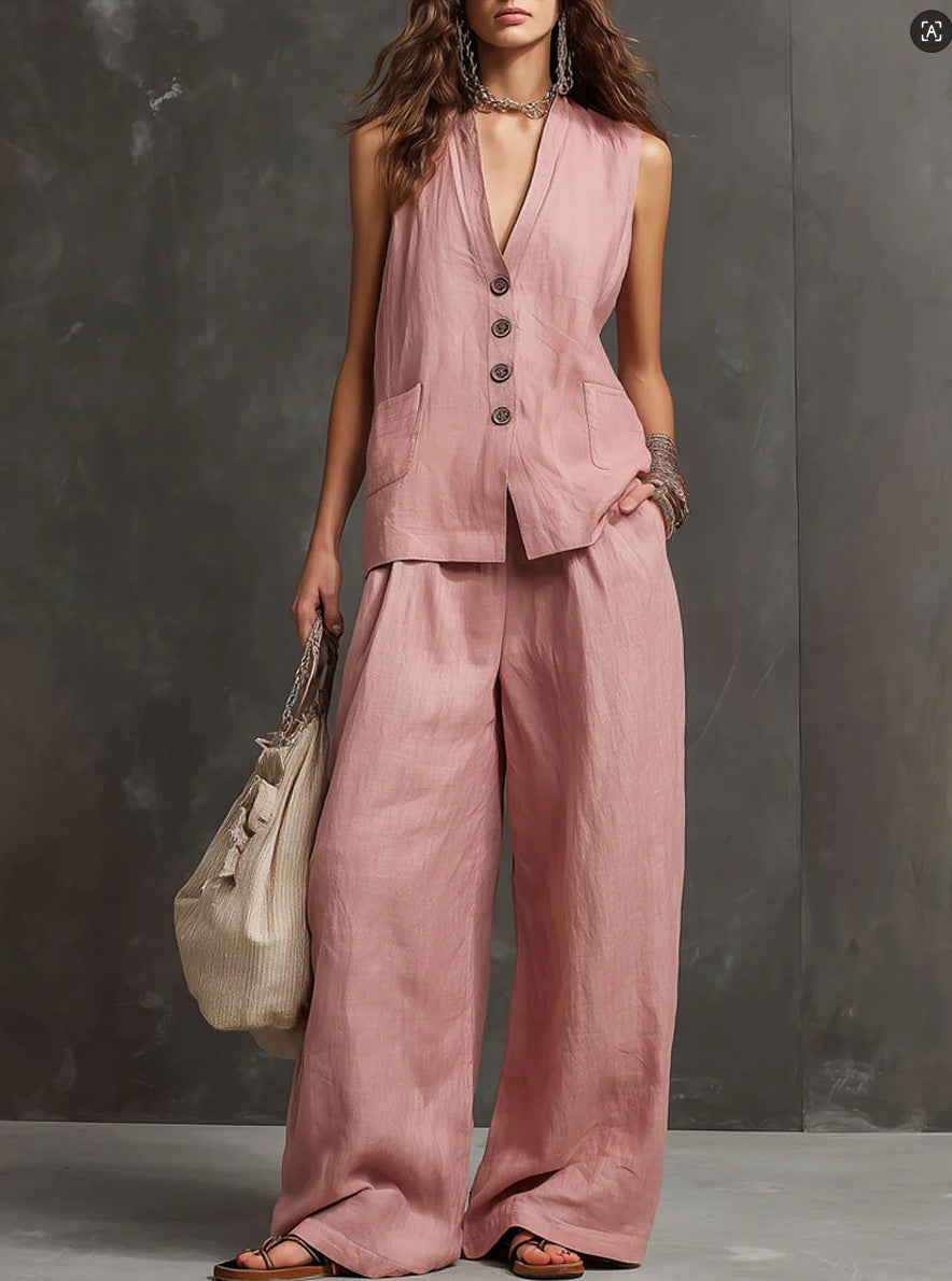 Woman wearing a pink sleeveless top and wide-leg pants holding a beige handbag against a gray background.