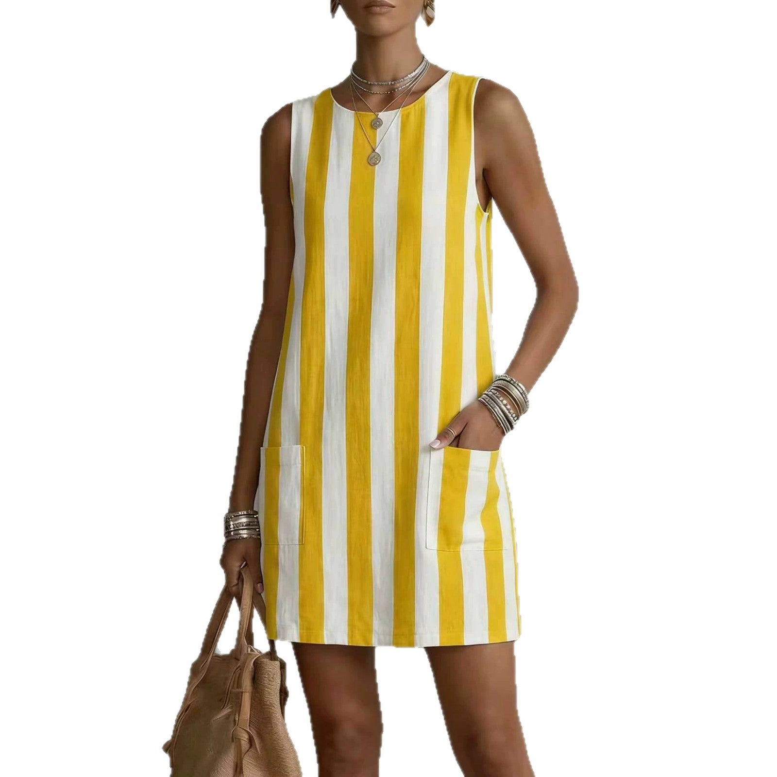 Woman wearing a yellow and white striped dress on a white background