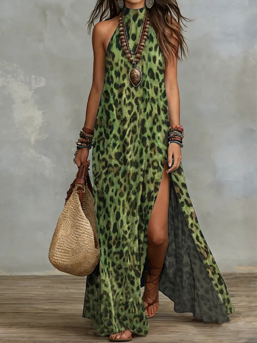 Woman wearing a green leopard print dress with a neutral background