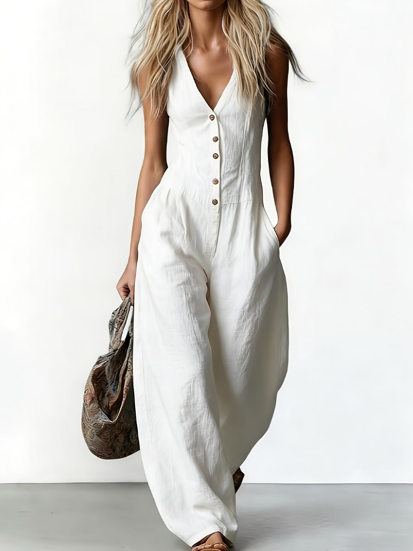 Woman wearing a white sleeveless jumpsuit with a plain background
