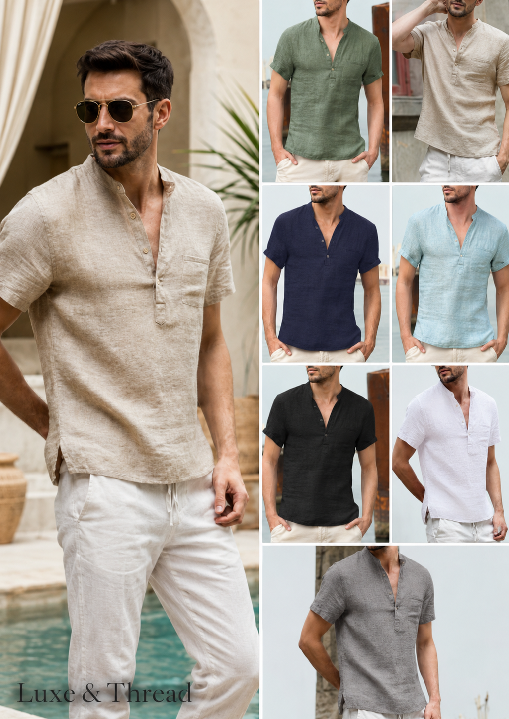 Collage of a man wearing various colored linen shirts with different pants.