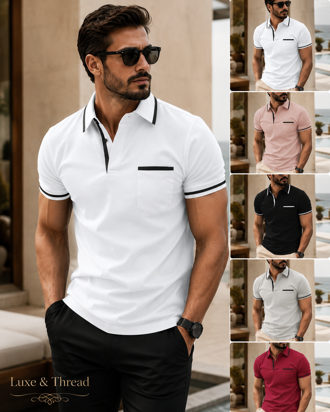 Man wearing a white polo shirt with black accents, surrounded by multiple images of the shirt in different colors.
