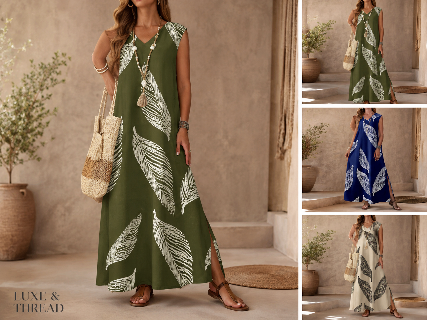Woman wearing a green dress with leaf patterns in an indoor setting.