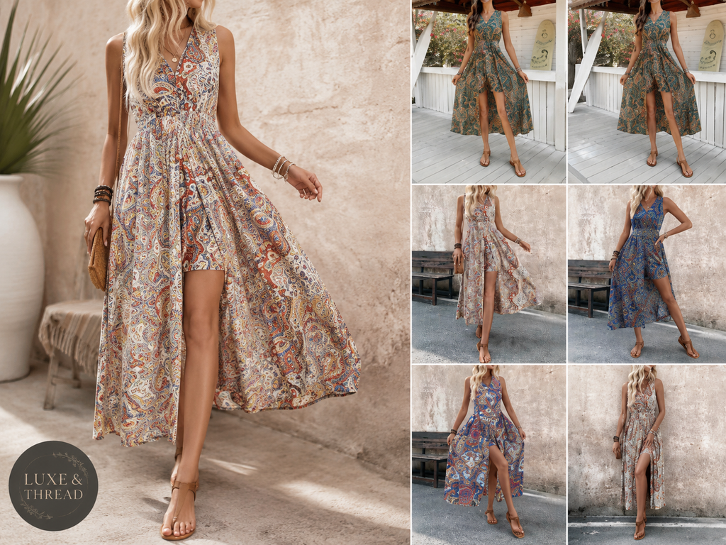 Woman wearing a floral dress with multiple views of the same dress.