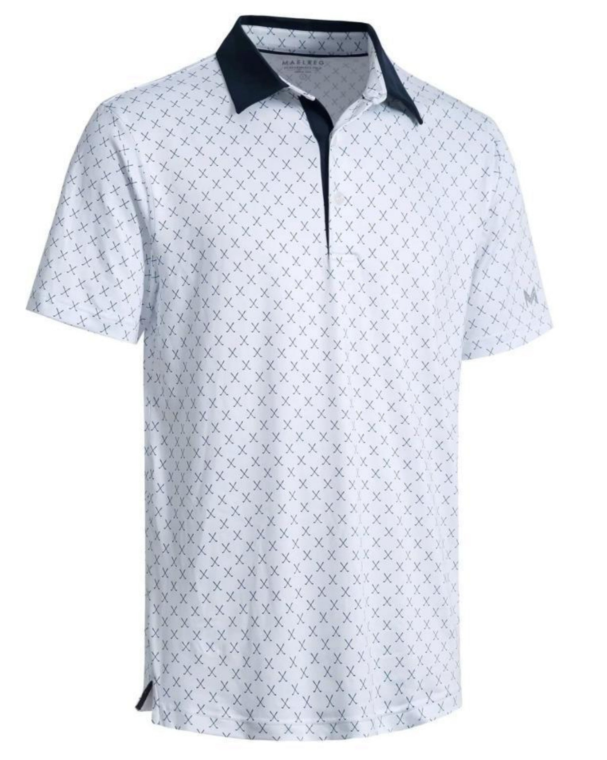 White polo shirt with black geometric pattern on a white background