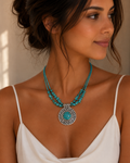 Woman wearing a turquoise necklace with a large pendant