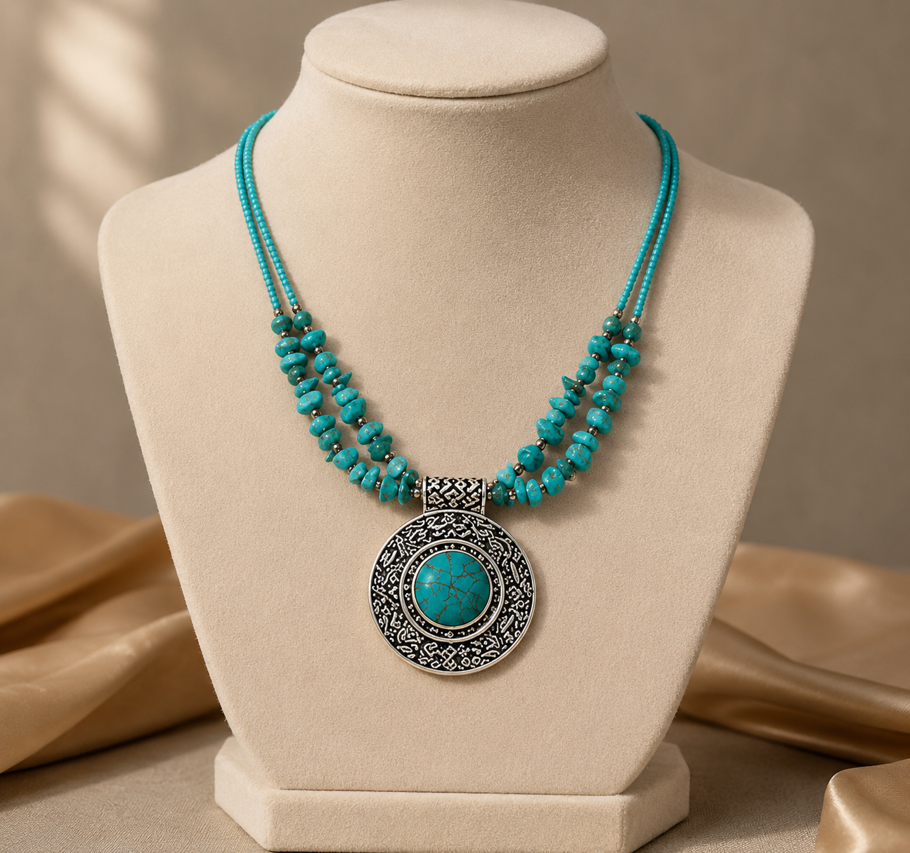 Turquoise beaded necklace with a decorative pendant on a beige stand.