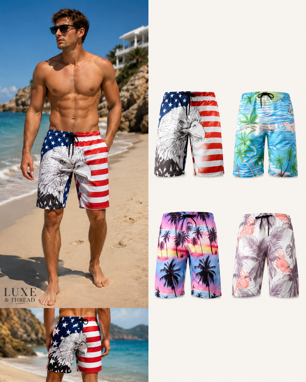 Man wearing American flag patterned shorts on a beach with various other shorts displayed.