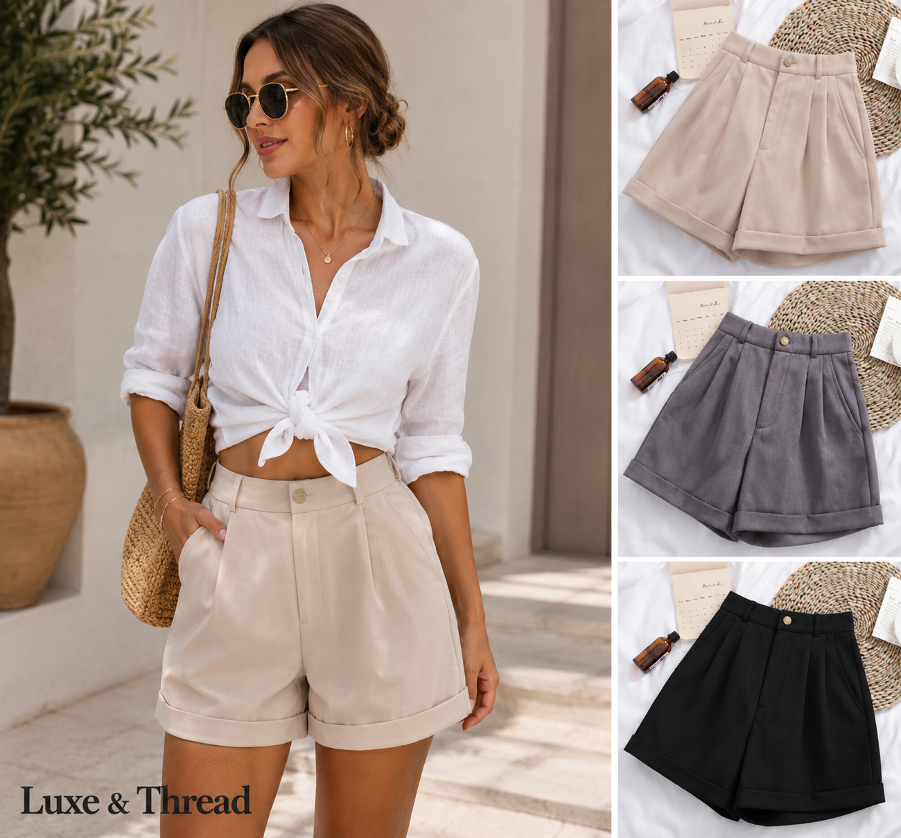 Woman wearing a white shirt and beige shorts with additional shorts displayed on the right.