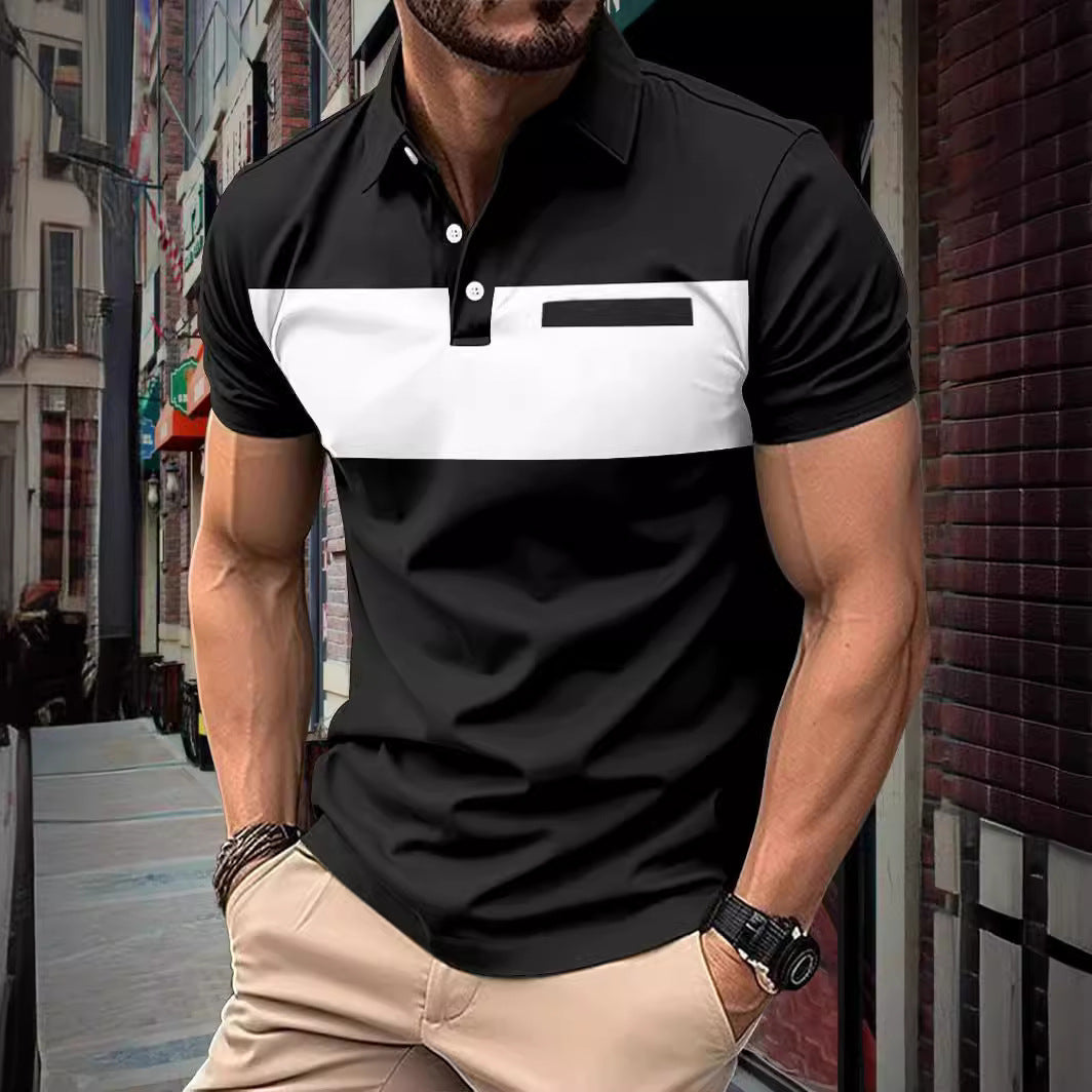 Man wearing a black and white striped polo shirt in an urban setting