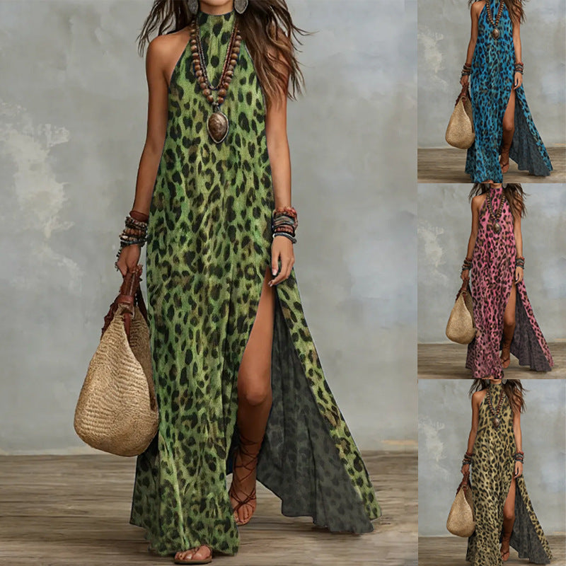Woman wearing a green leopard print dress with a split, holding a woven bag.