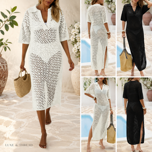 Woman wearing a white crochet dress with a straw bag in a sunlit outdoor setting.
