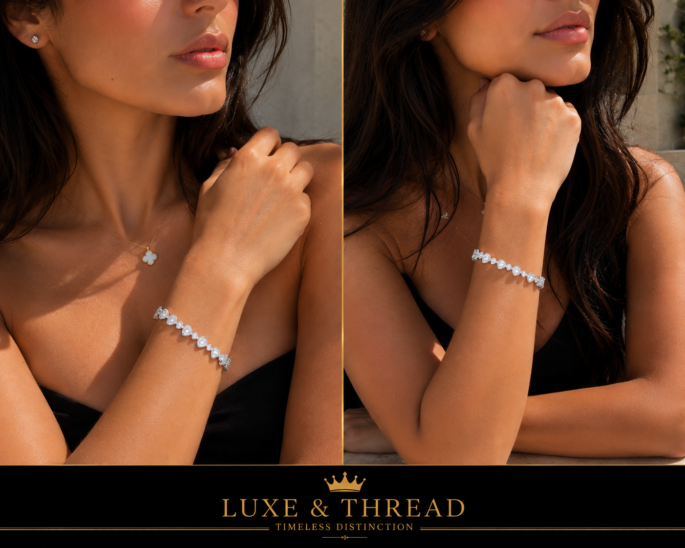 Two views of a woman wearing a bracelet with 'Luxe & Thread' branding.