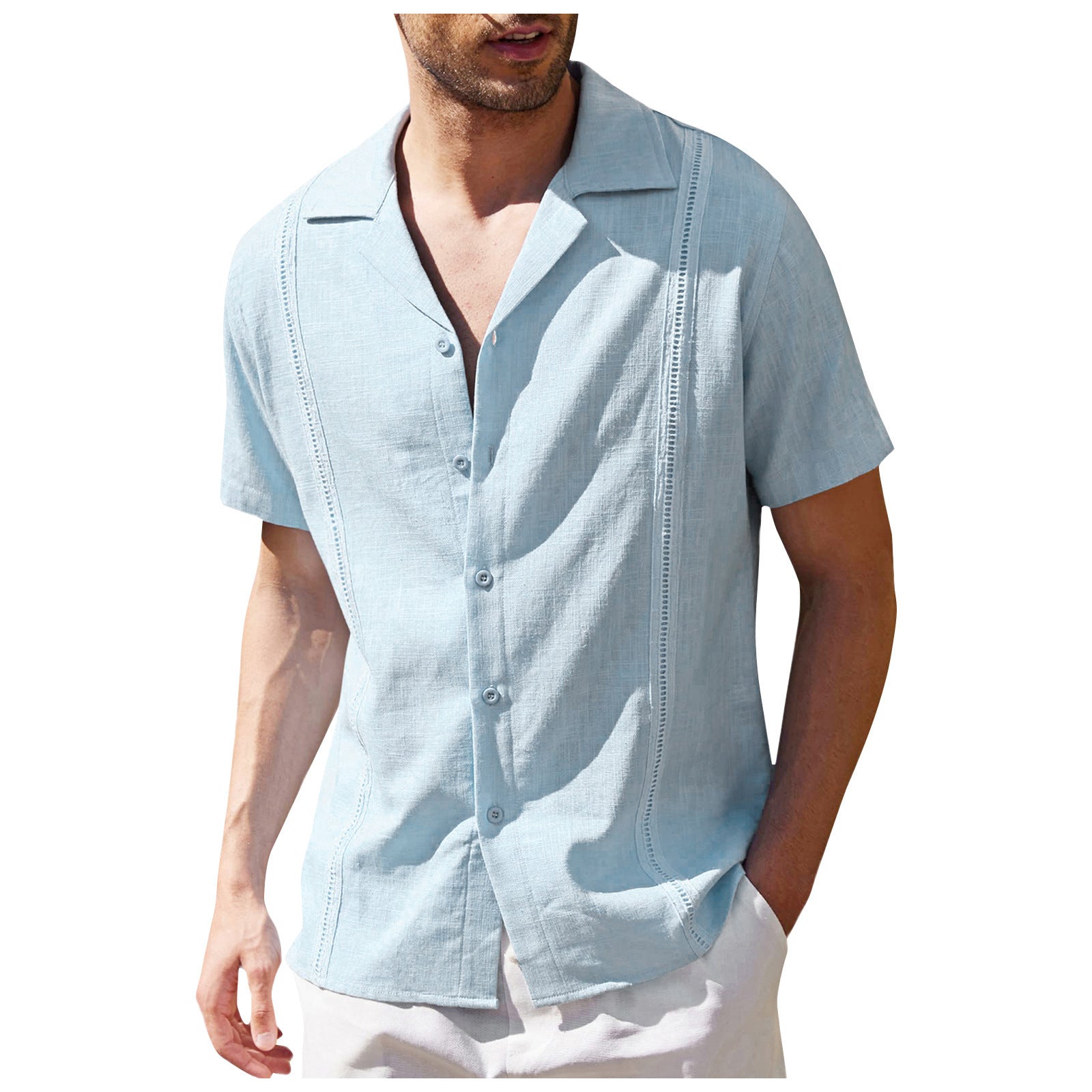 Light blue short-sleeve shirt worn by a person on a white background