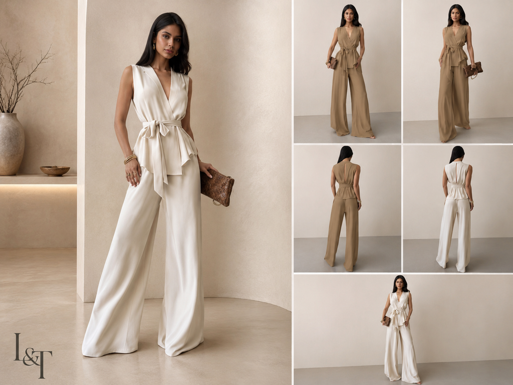 Woman wearing a white jumpsuit with multiple views and color variations.