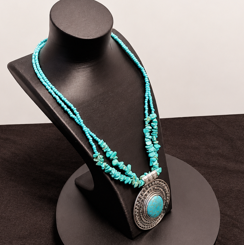 Turquoise beaded necklace with a large pendant on a black stand against a white background