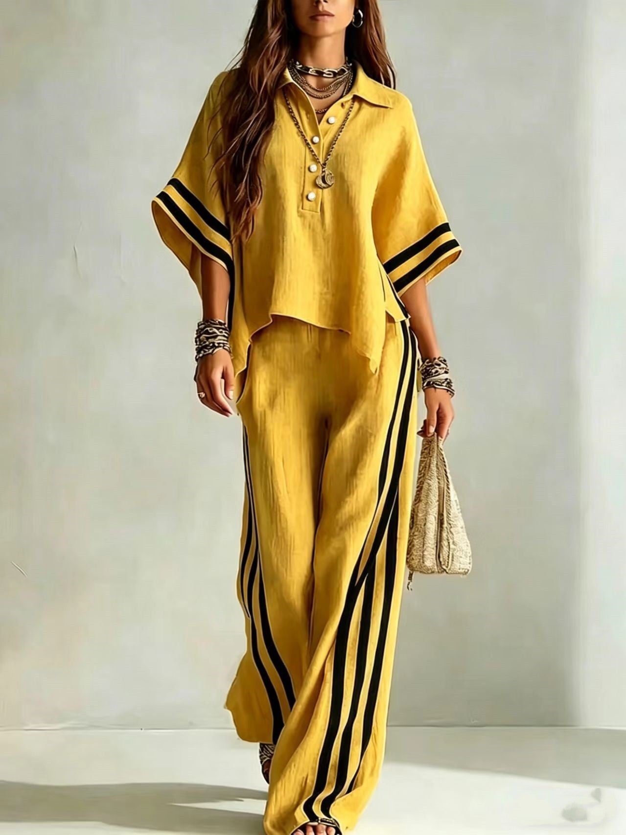 Woman wearing a yellow outfit with black stripes on a plain background