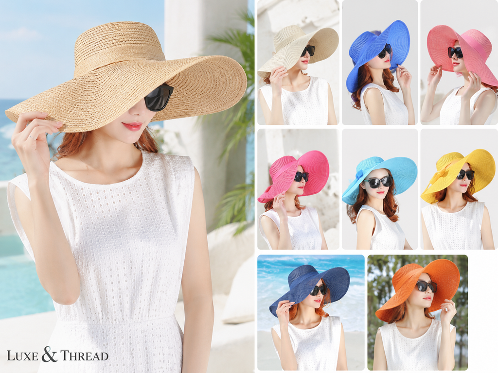 Woman wearing a large sun hat with multiple color options displayed.