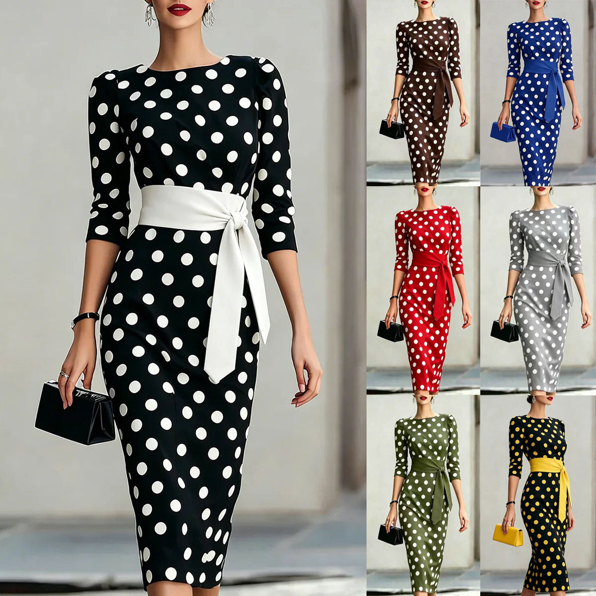 Black polka dot dress with a white belt on a plain background, surrounded by other polka dot dresses in different colors.