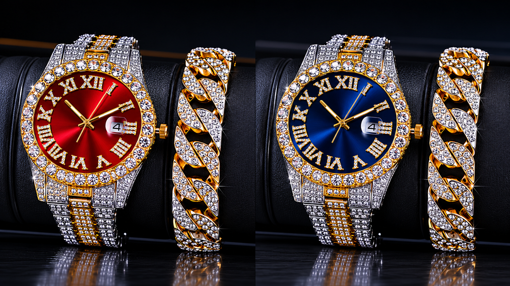 Men's Iced Out Hip Hop Watch & Bracelet Set