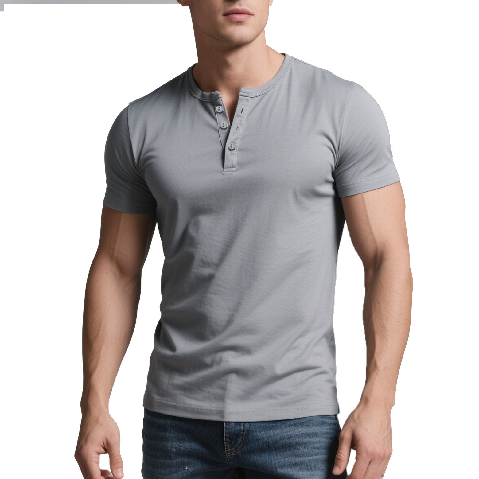 Gray henley shirt worn by a person on a white background