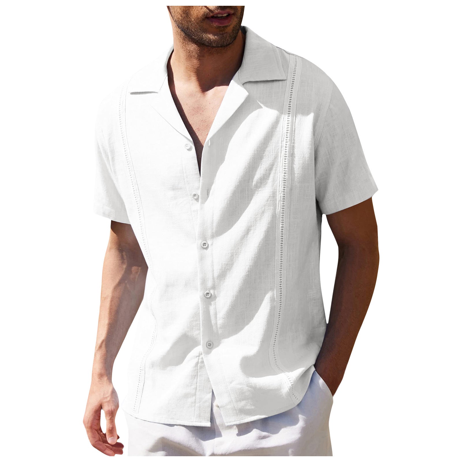 Man wearing a white short-sleeve shirt with a collar on a white background