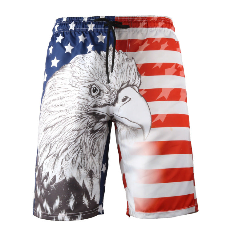 Shorts with American flag design and eagle illustration on a white background