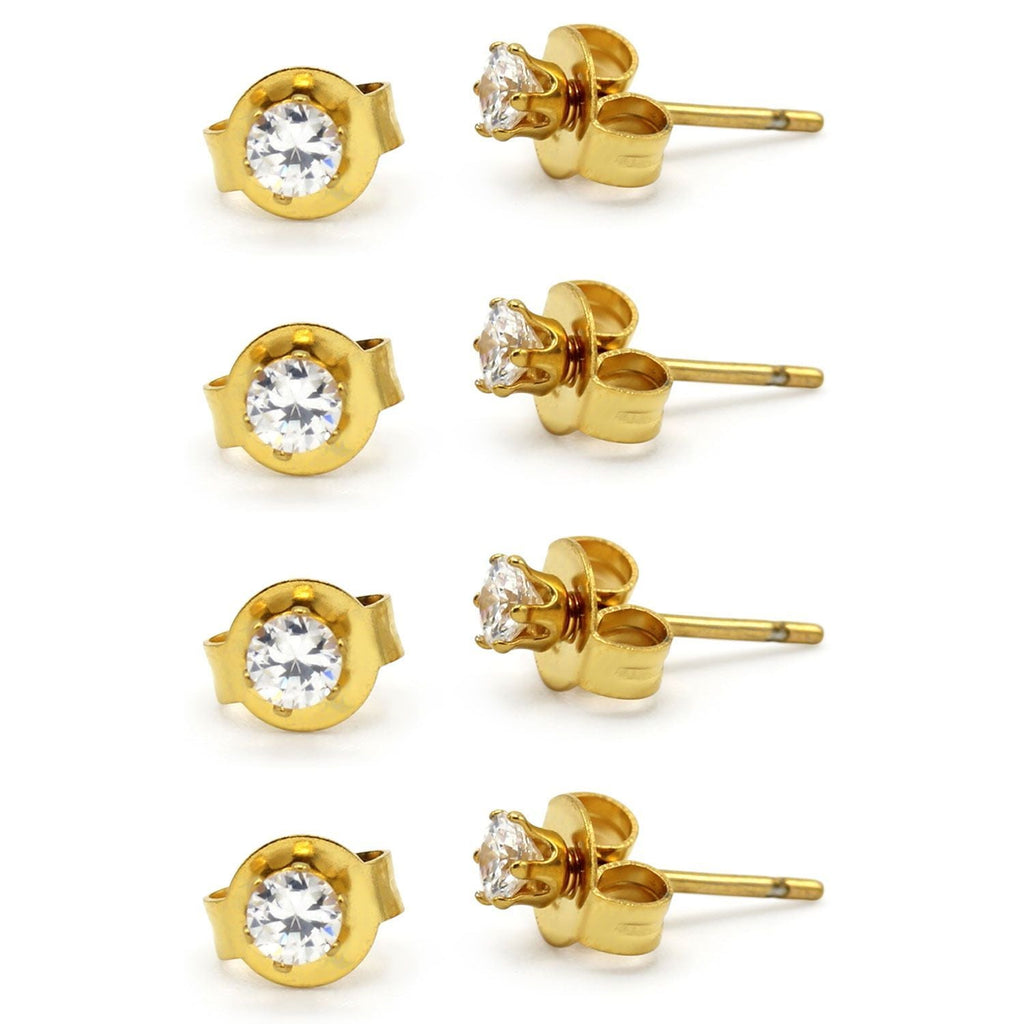 Cubic Zirconia Round 14K Gold Plated Stud Earrings Set Of 4 Stainless Steel Jewelry Men Women