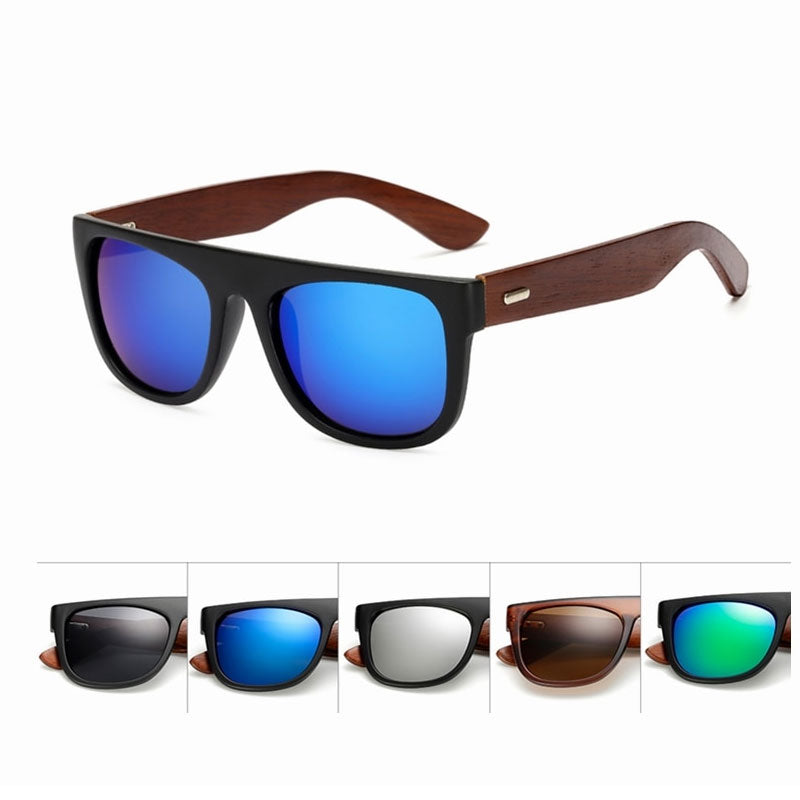 Sunglasses with black frame and blue lenses, displayed with color options on a white background.