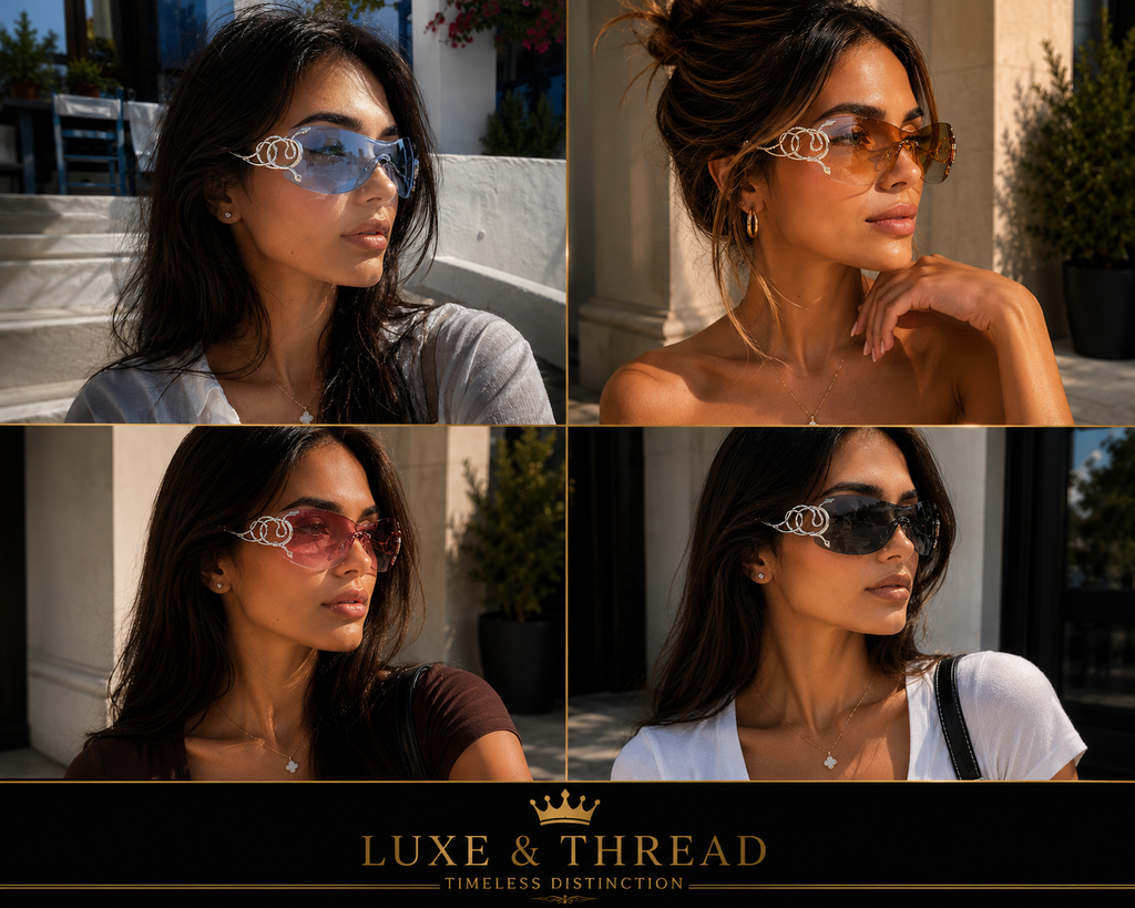 Collage of a woman wearing sunglasses with 'Luxe & Thread' branding.