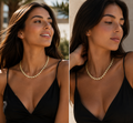 Woman wearing a gold necklace in two different lighting conditions.