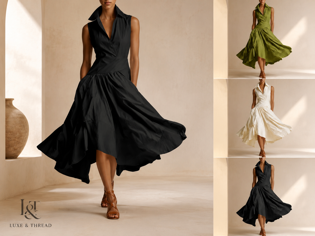 Black dress being modeled with a neutral background, featuring the brand 'Luxe & Thread'.