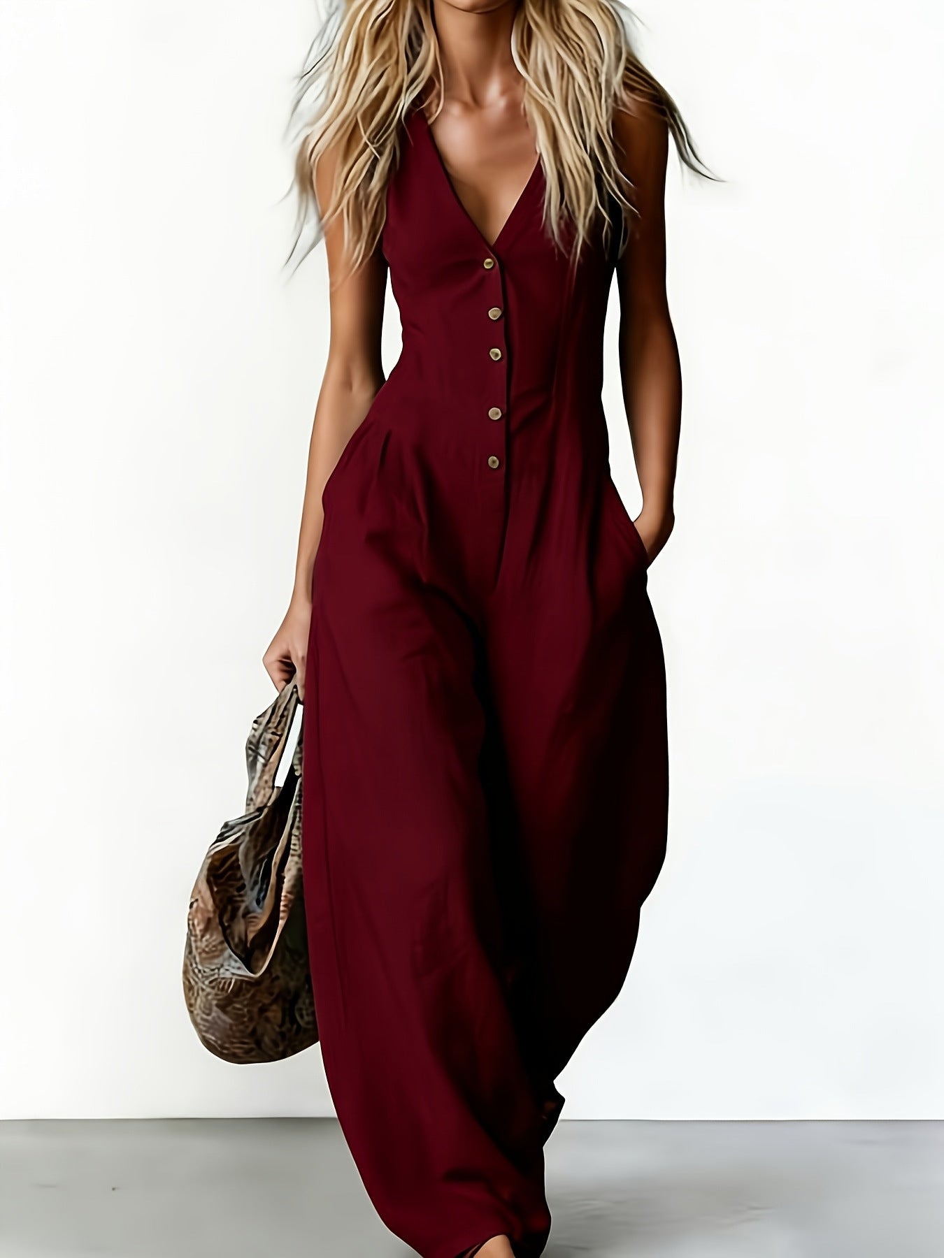 Woman wearing a burgundy dress with a white background