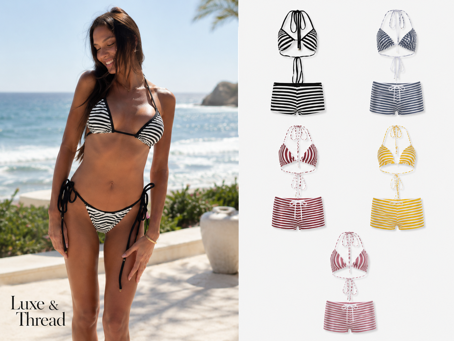 Woman wearing a striped bikini on a beach with images of the bikini set displayed.