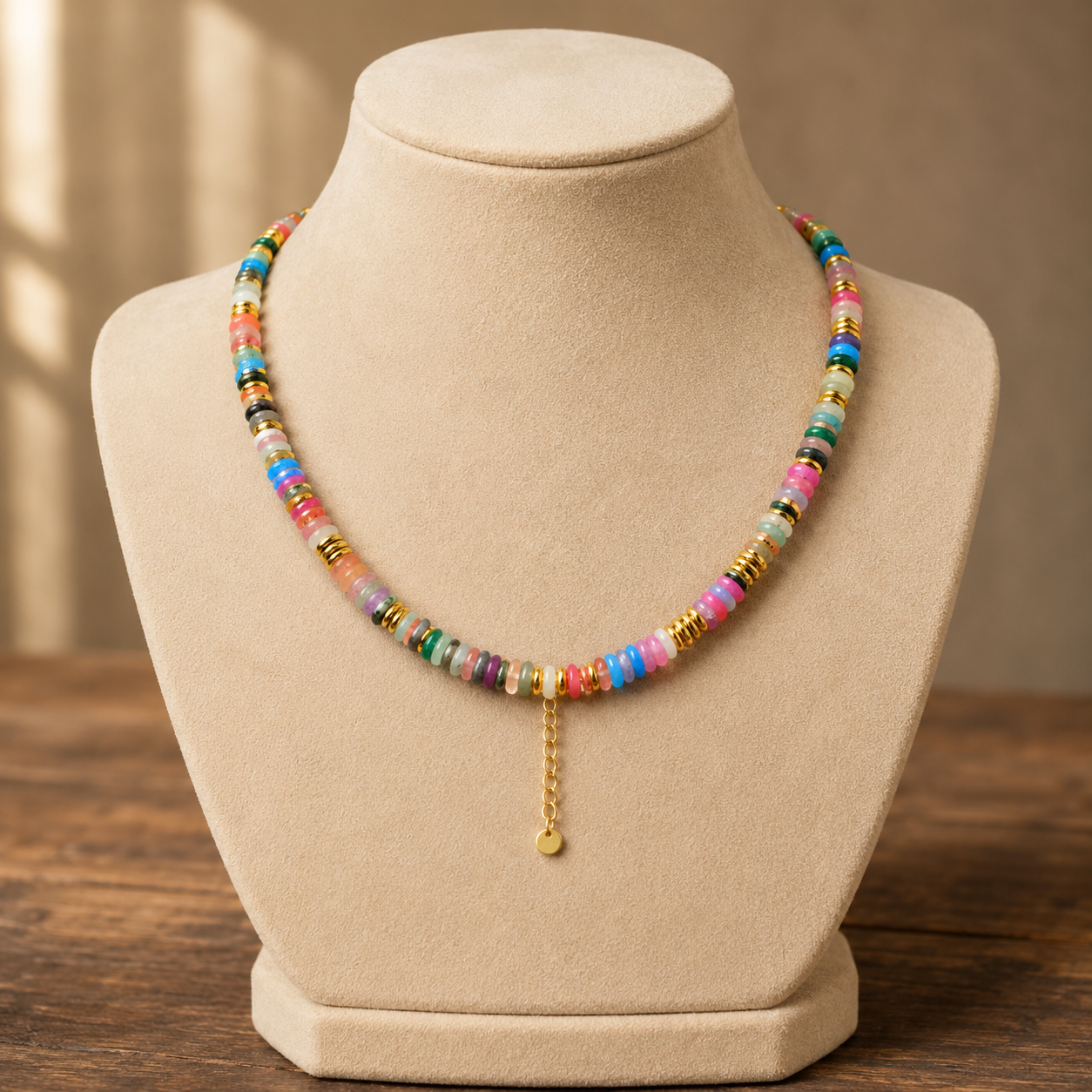 Colorful beaded necklace on a mannequin bust with a wooden background