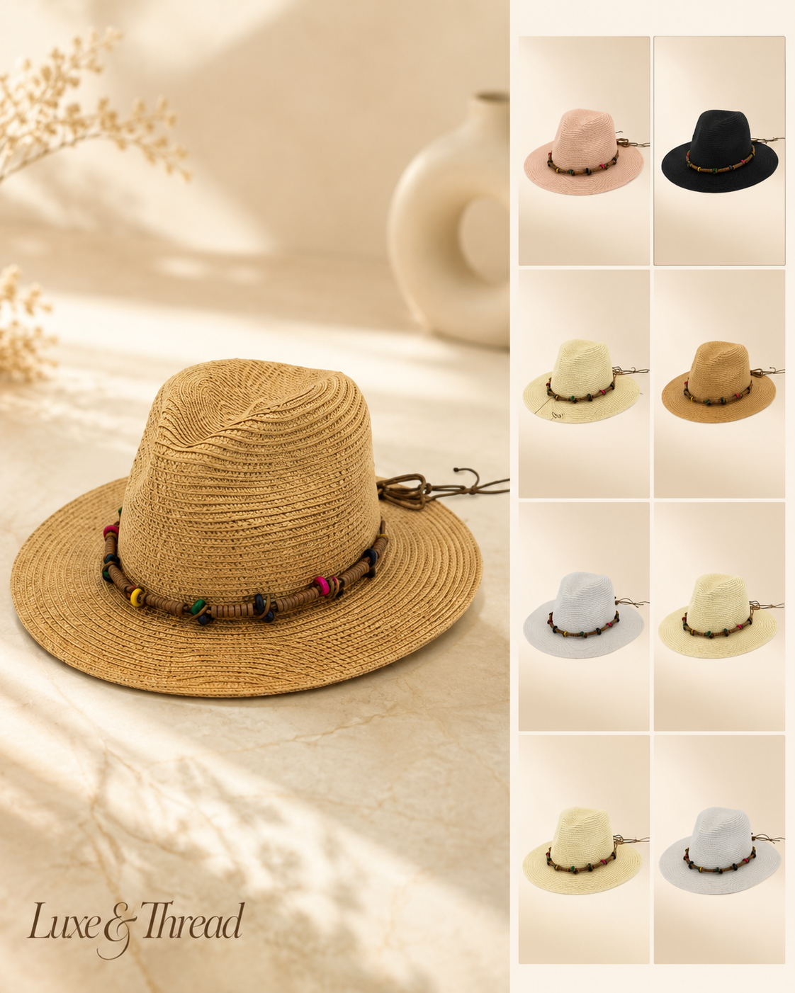 Collage of straw hats with decorative bands on a neutral background, featuring the brand 'Luxe & Thread'.