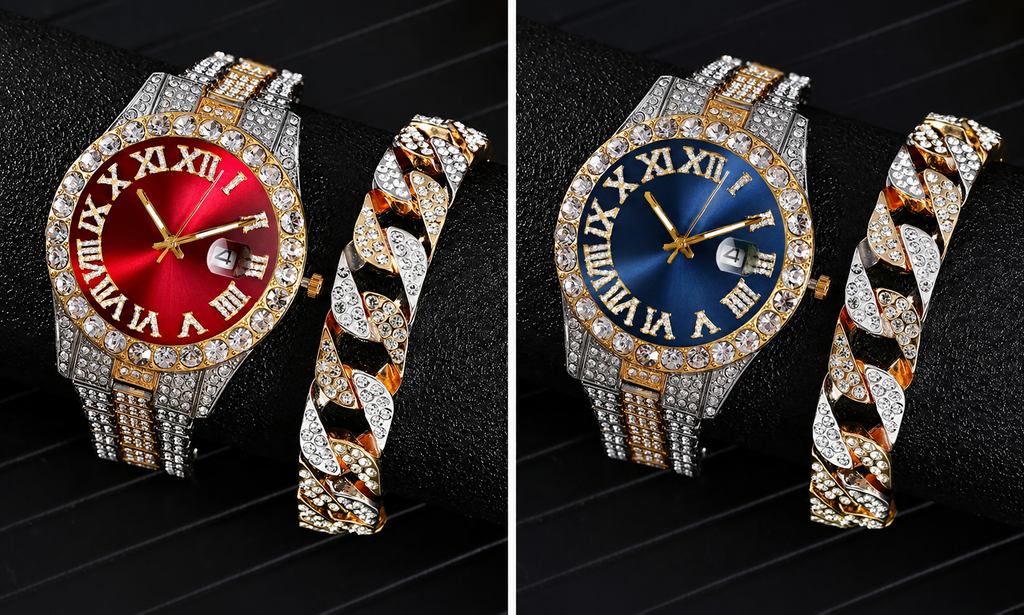 Men's Iced Out Hip Hop Watch & Bracelet Set