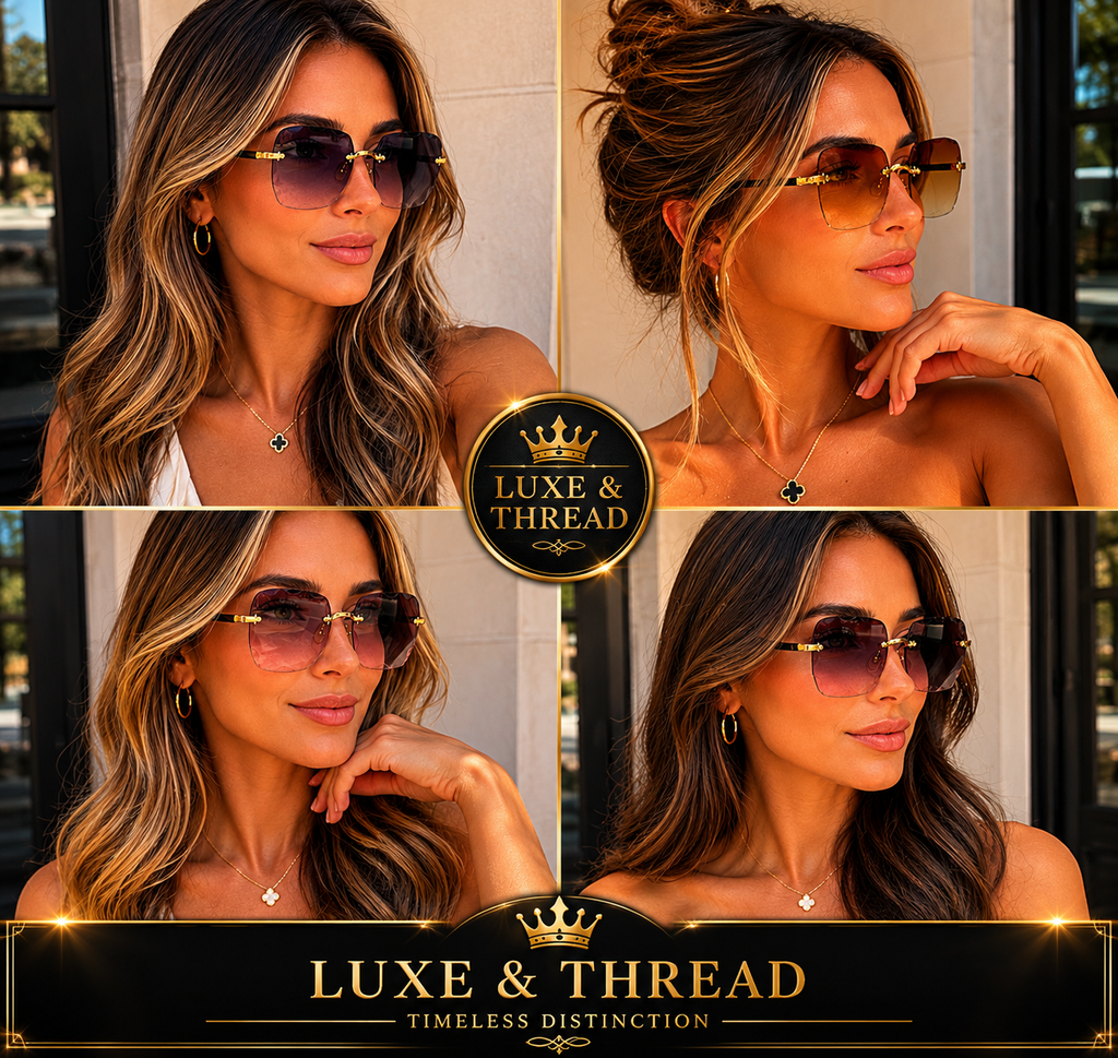 Collage of a woman wearing sunglasses with 'Luxe & Thread' branding.