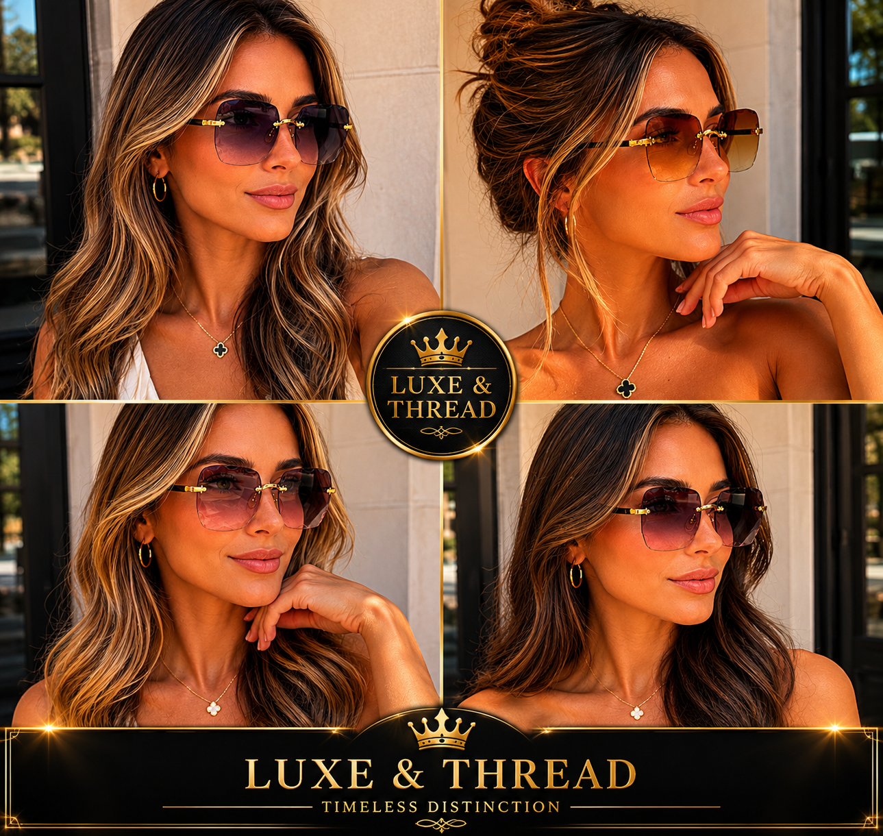 Collage of a woman wearing sunglasses with 'Luxe & Thread' branding.