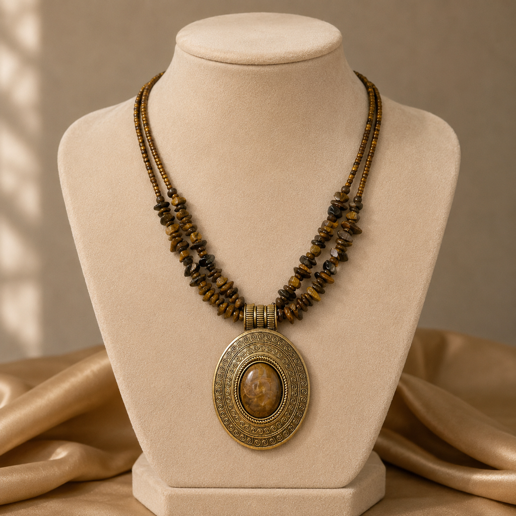 Necklace with a large decorative pendant on a mannequin bust against a beige background