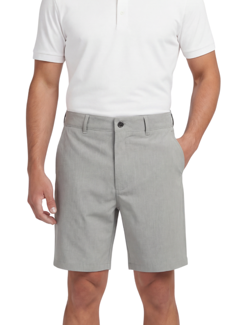 Person wearing gray shorts and a white polo shirt on a white background