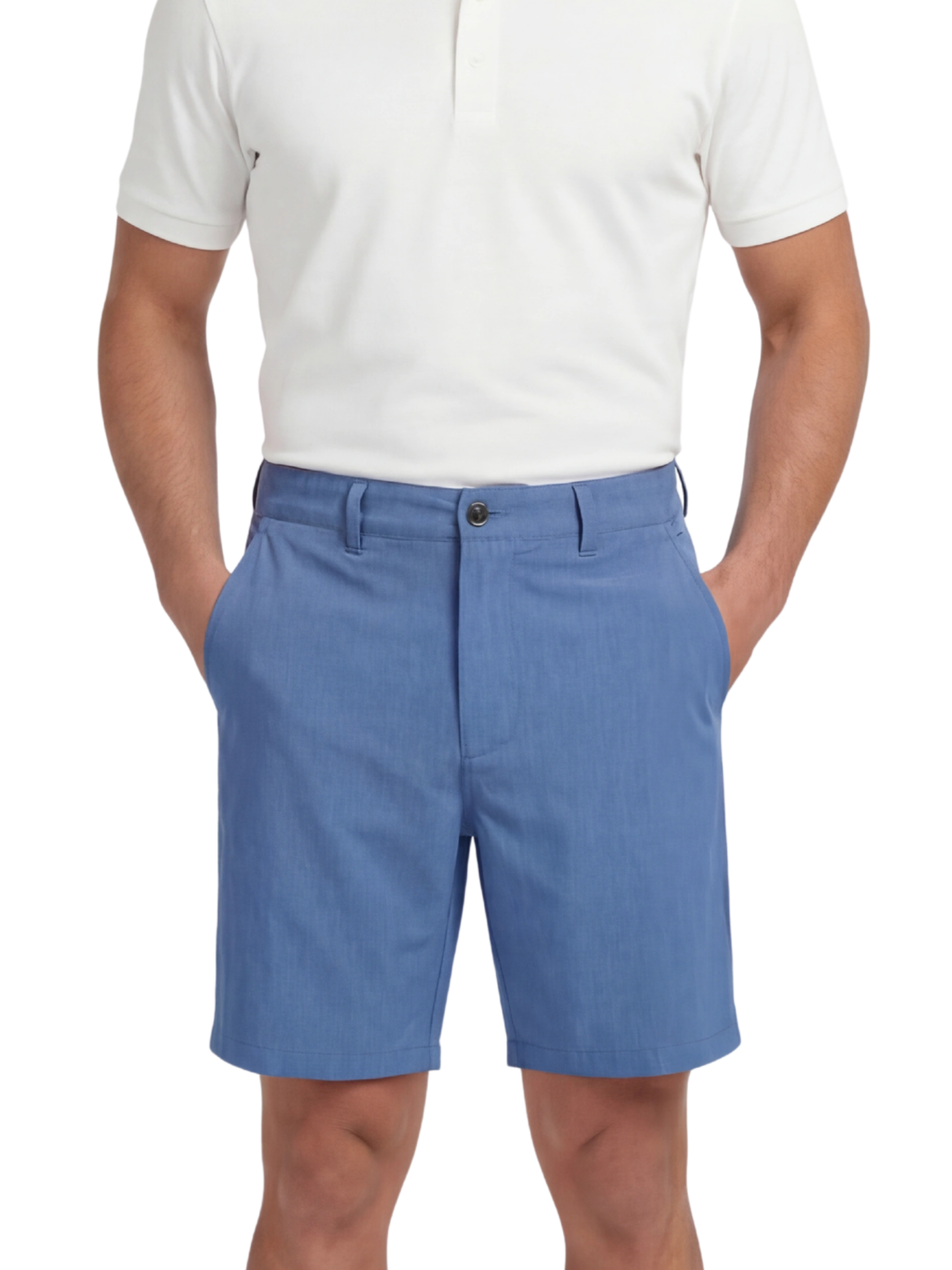 Person wearing blue shorts and a white polo shirt on a white background