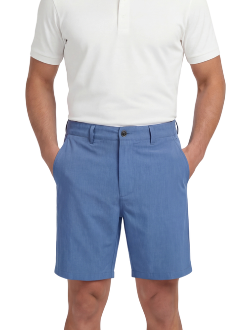 Person wearing blue shorts and a white polo shirt on a white background